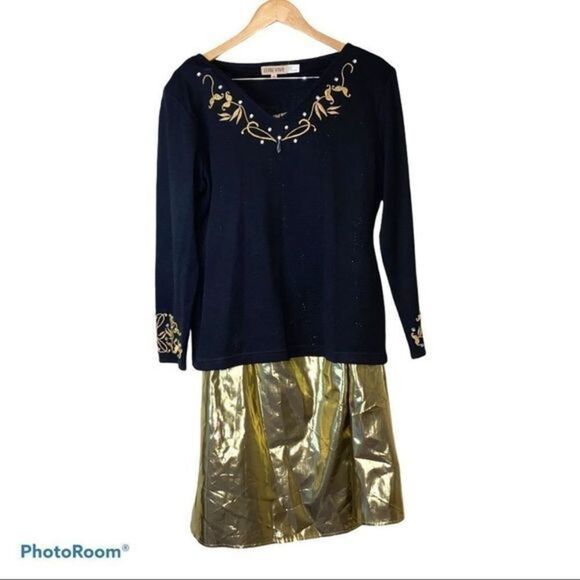 Vintage L'eau Vive knit embroidered shirt‎ with metallic gold maxi lined skirt - Picture 16 of 16